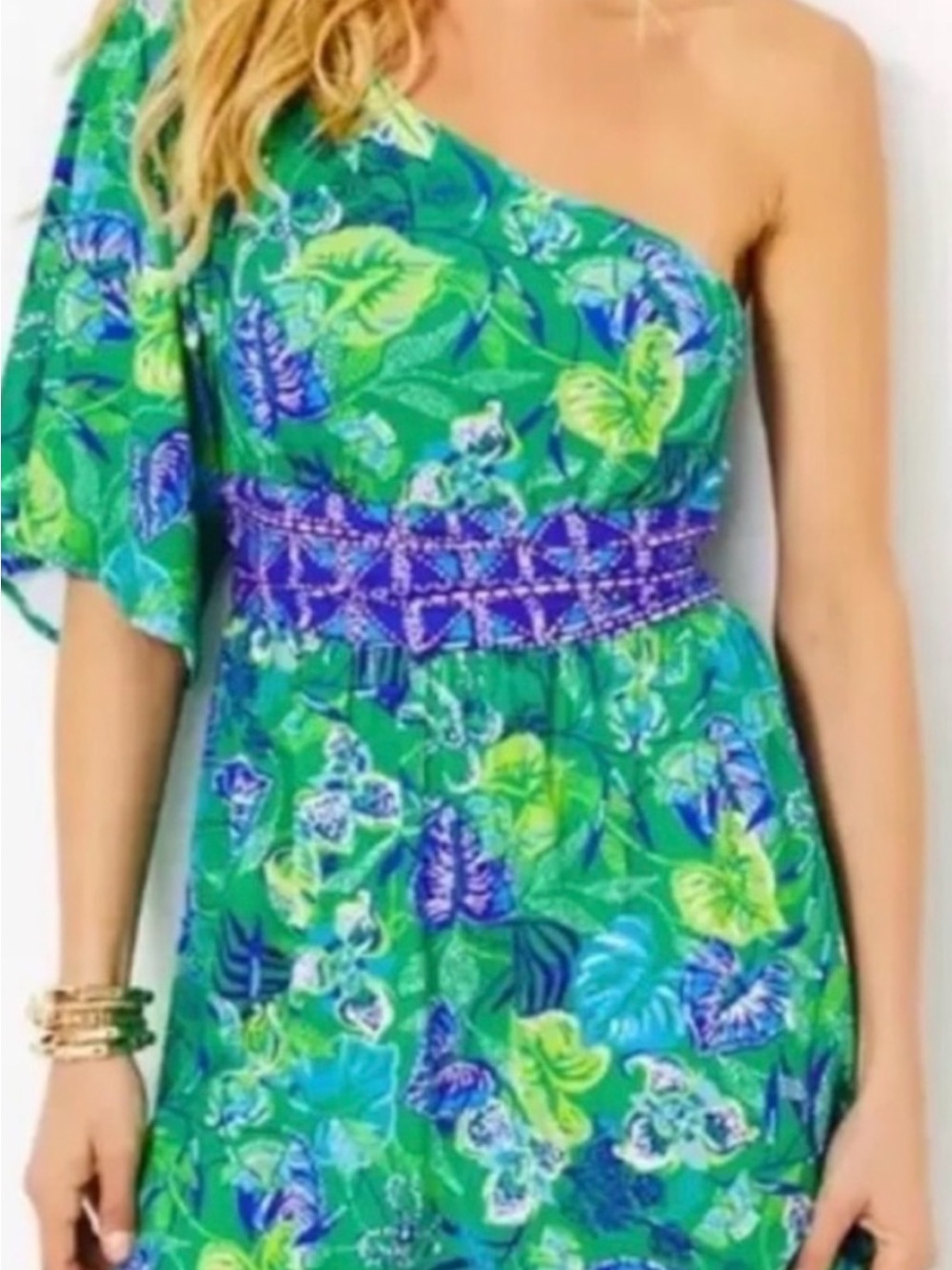 Lilly Pulitzer Green and Blue One-Shoulder Floral Dress/Romper